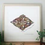 A beautifully framed piece of Irish art featuring an intricate Celtic knotwork design with interwoven birds, accented in gold, navy, and green, symbolizing unity and heritage.