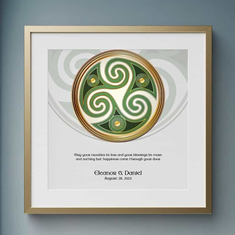 A beautifully framed Celtic artwork featuring a triskelion design with an Irish birthday blessing written in elegant script below, wishing happiness and prosperity.