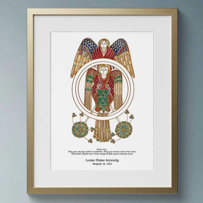 Framed artwork featuring a guardian angel illustrated in a richly detailed Celtic design inspired by the Book of Kells, with intricate gold, red, green, and blue patterns and an Irish blessing for protection and peace.