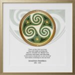 Framed Celtic triskele knot artwork in green and gold with memorial verse and name inscription in gold frame