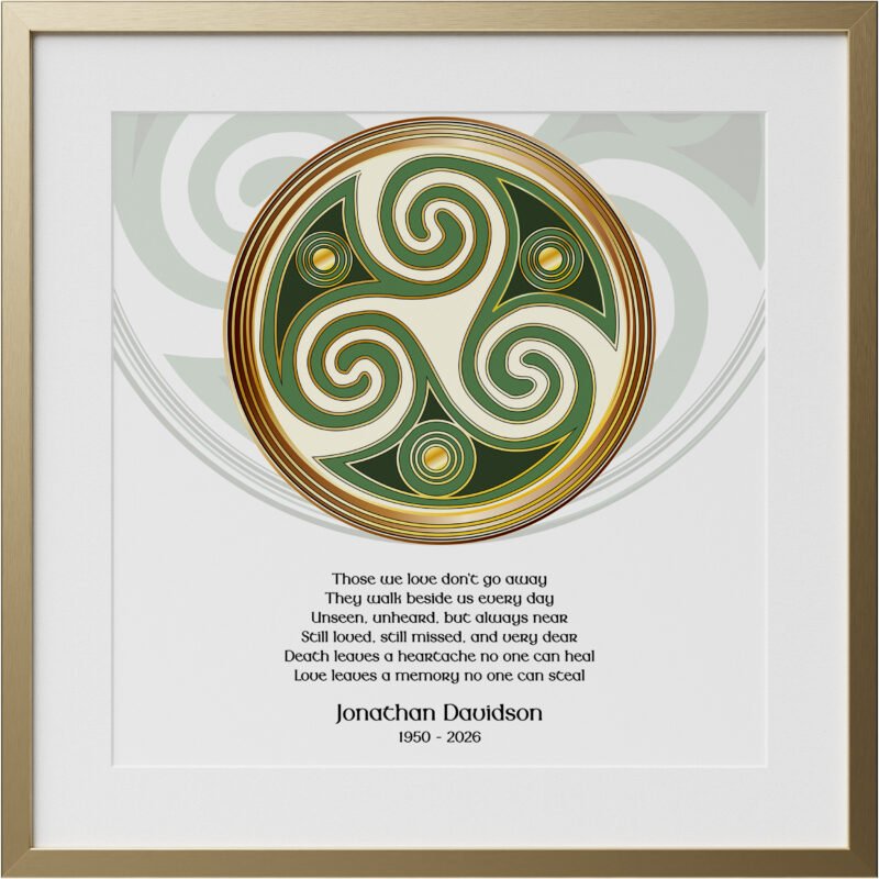 Framed Celtic triskele knot artwork in green and gold with memorial verse and name inscription in gold frame