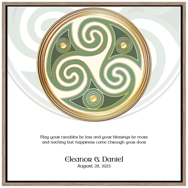 Wall art Ireland-inspired Celtic triskelion design with gold accents, symbolizing harmony and continuity in Irish culture