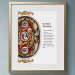 Framed artwork featuring a traditional Celtic design in green and gold, encircled by the heartfelt "May the road rise blessing," offering a timeless wish for safe journeys and warm farewells.