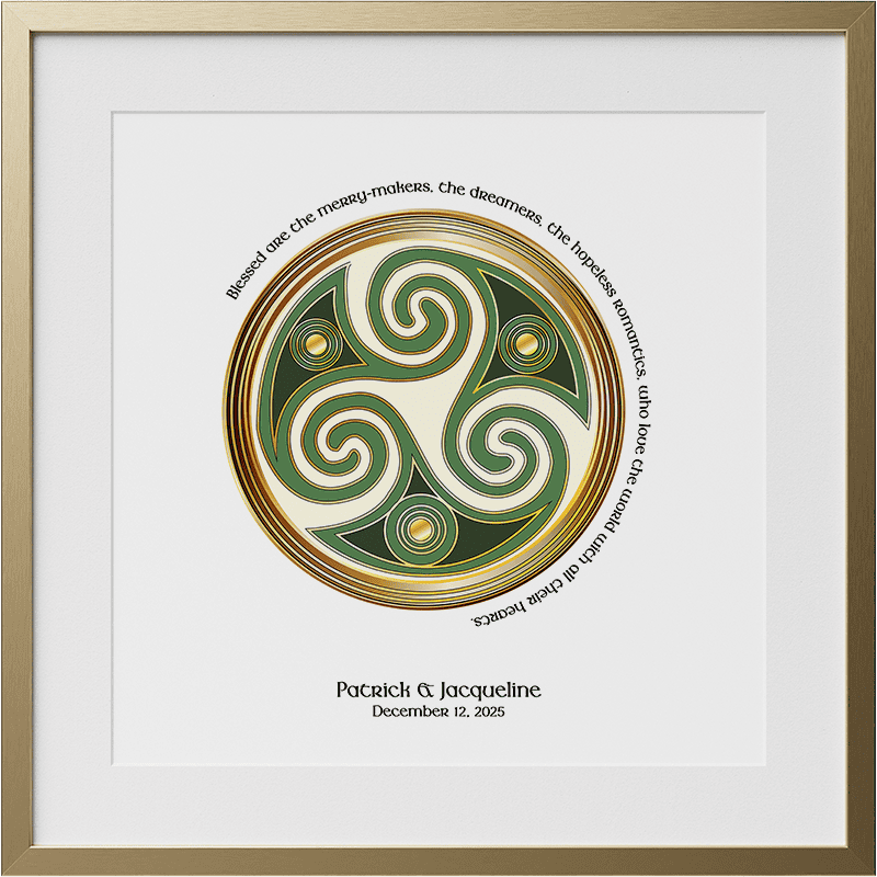 Celtic wedding print with green triskele mandala and Irish blessing in gold frame