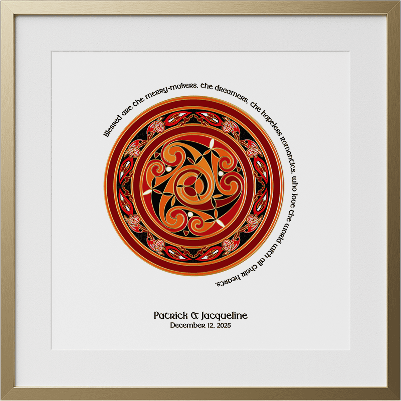 Celtic wedding print with red triskele mandala and Irish blessing in gold frame