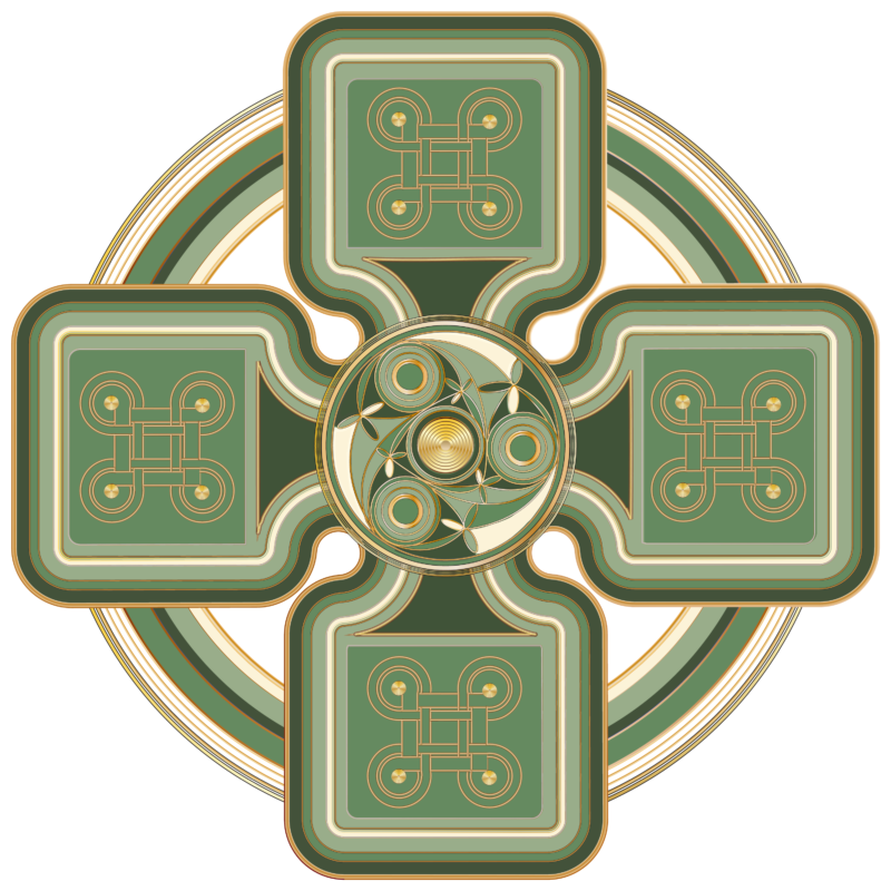Green and gold Celtic cross design with four knotwork panels and a circular mandala centre on a white background