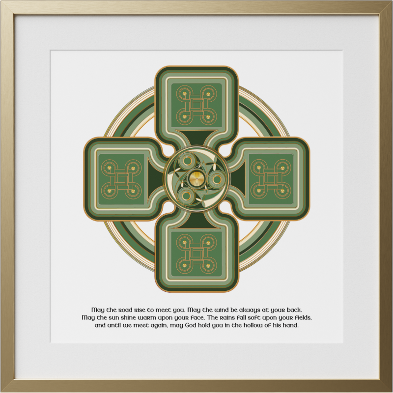 Framed Celtic cross artwork with green and gold Celtic knot design and Irish blessing text – gold frame