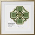 Framed Celtic cross wall art print in gold frame with green and gold knot design