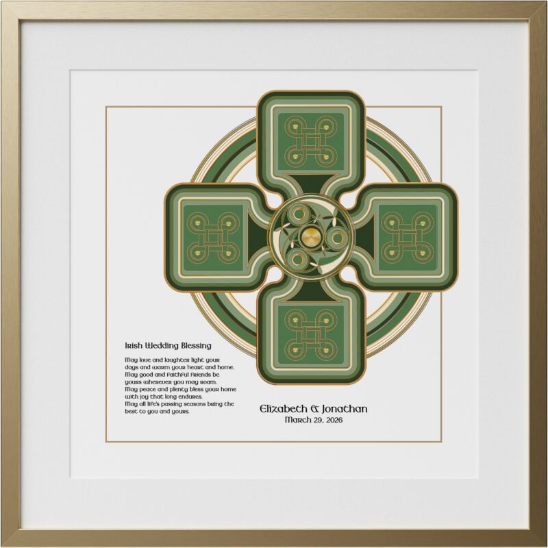 Framed Celtic cross wall art print in gold frame with green and gold knot design