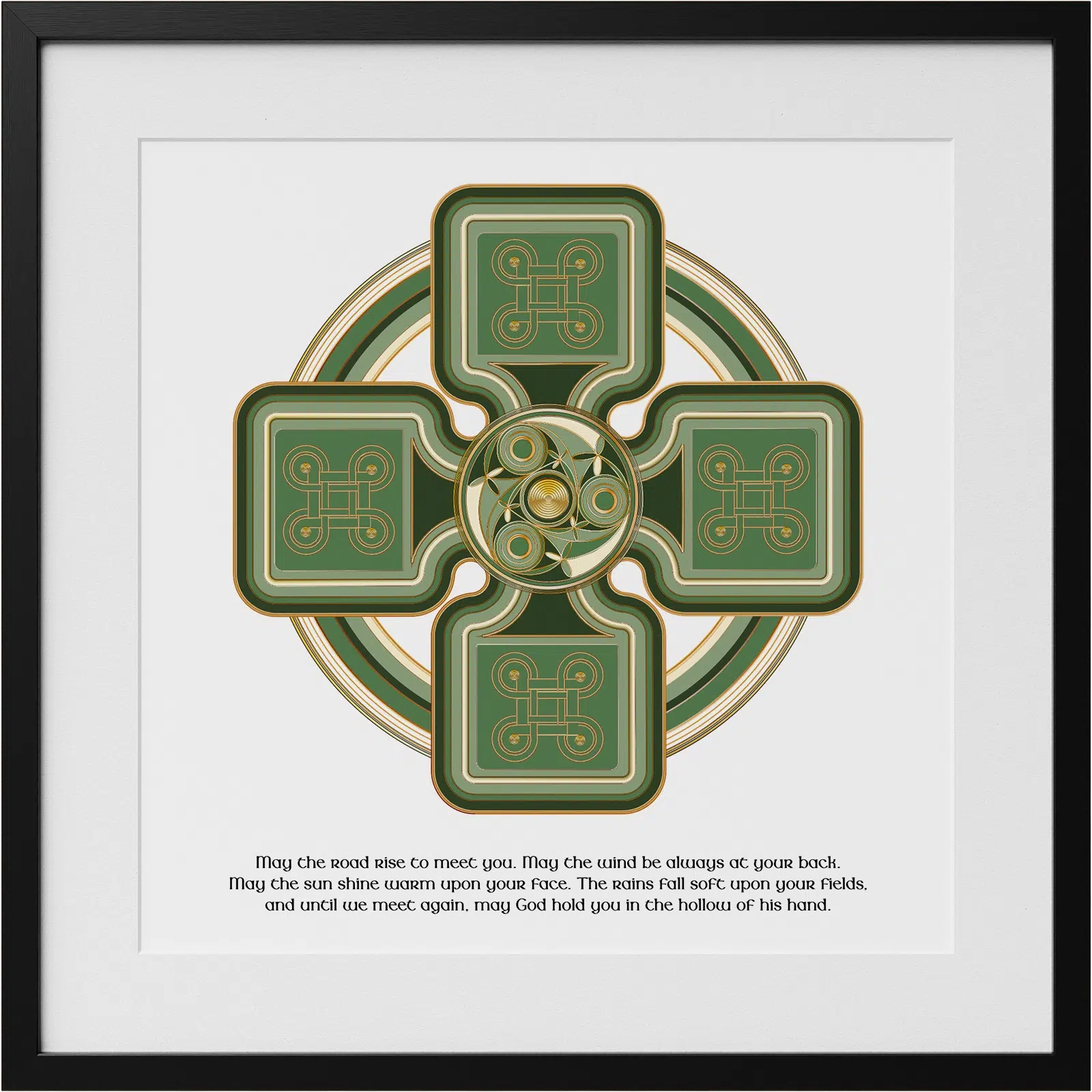 Personalized Celtic Cross Irish blessing print in a black frame with green and gold Celtic artwork