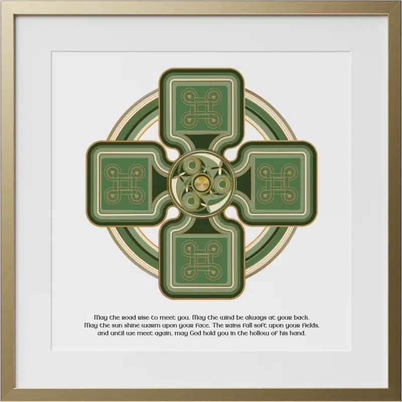 Personalized Celtic Cross Irish blessing print in a gold frame with green and gold Celtic artwork