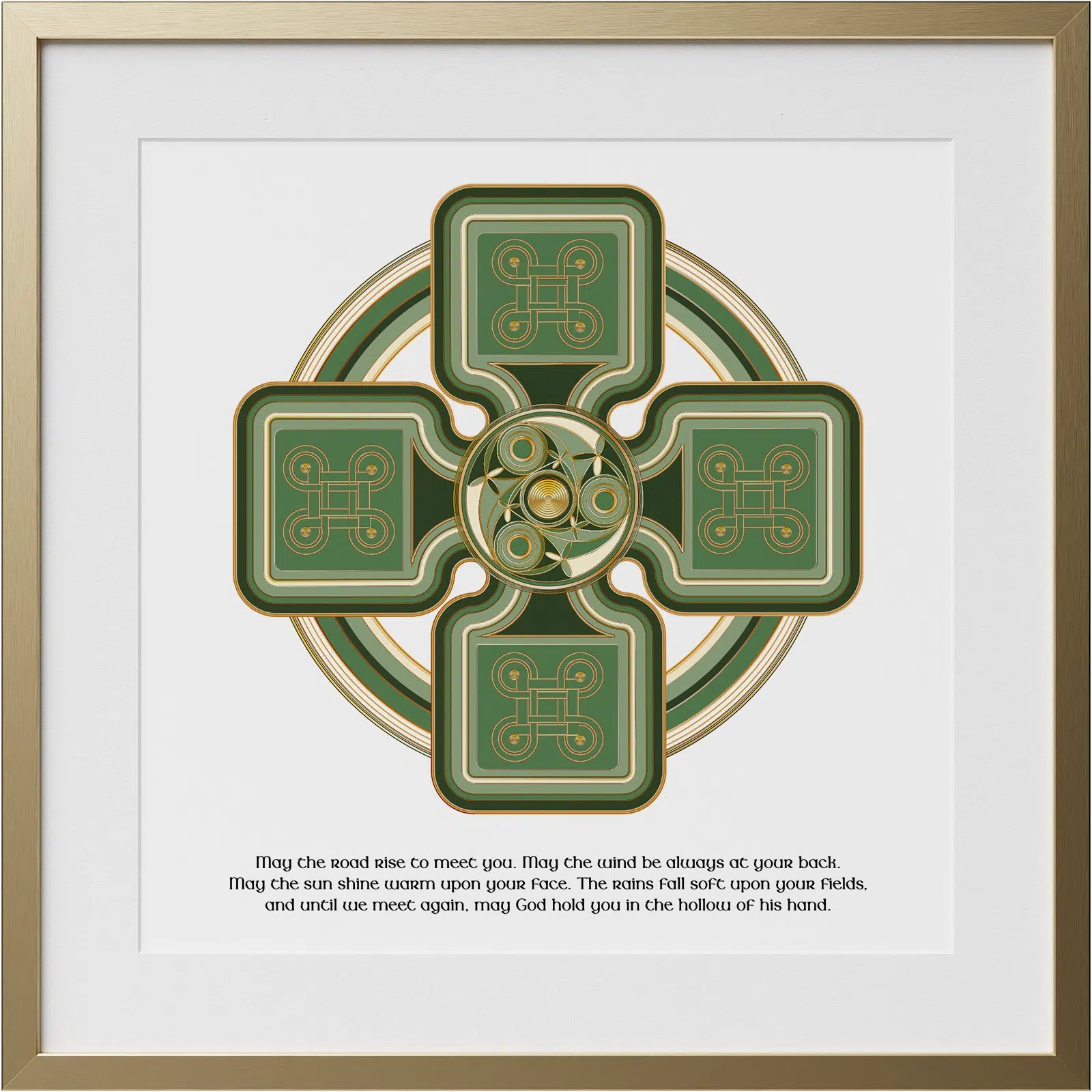 Personalized Celtic Cross Irish blessing print in a gold frame with green and gold Celtic artwork