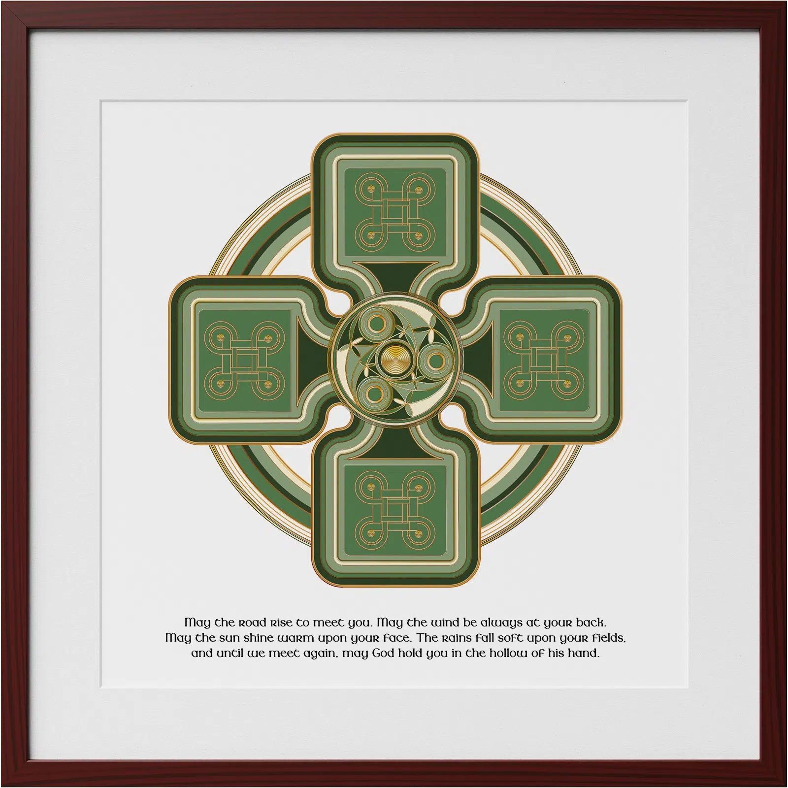 Personalized Celtic Cross Irish blessing print in a mahogany frame with green and gold Celtic artwork