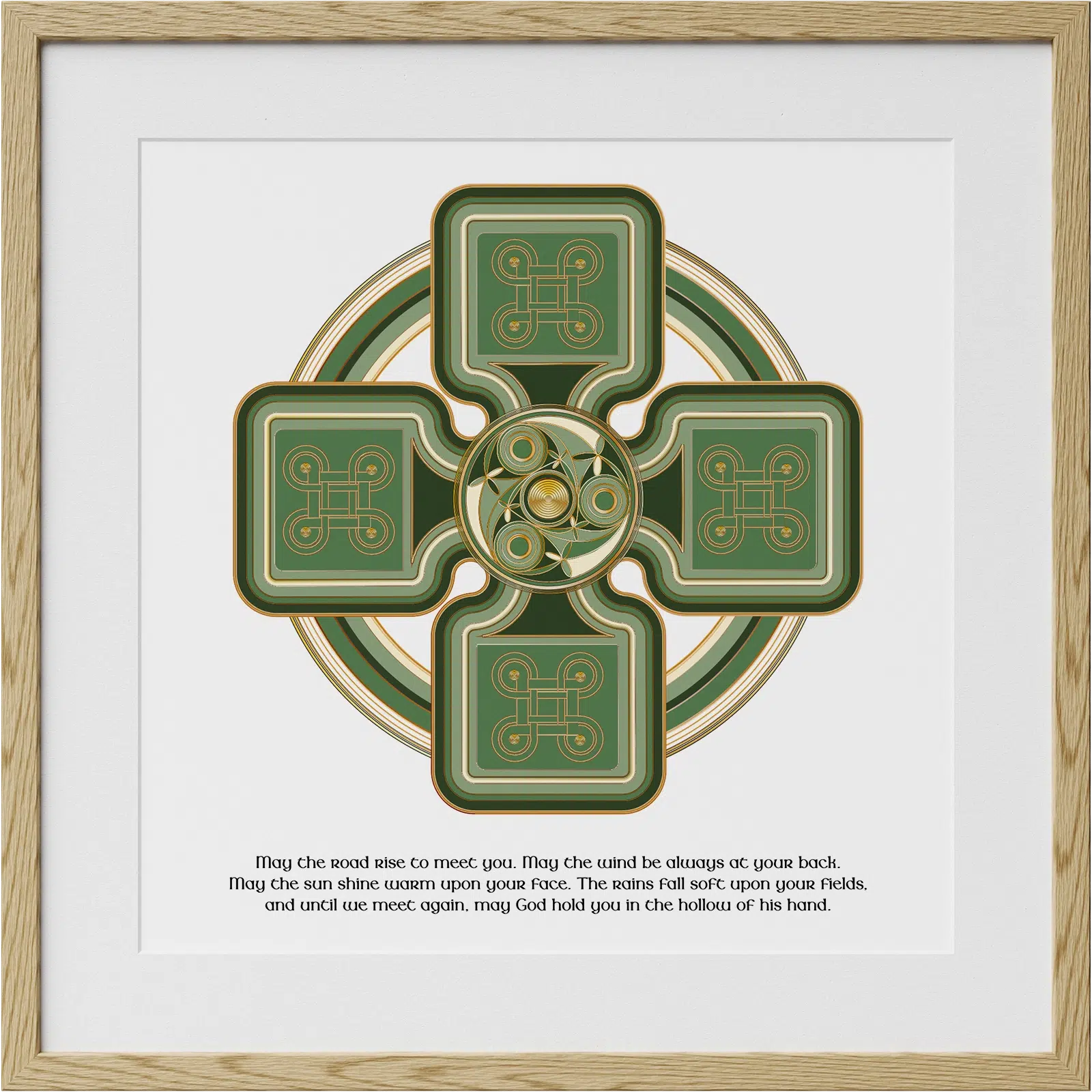 Personalized Celtic Cross Irish blessing print in a natural wood frame with green and gold Celtic artwork