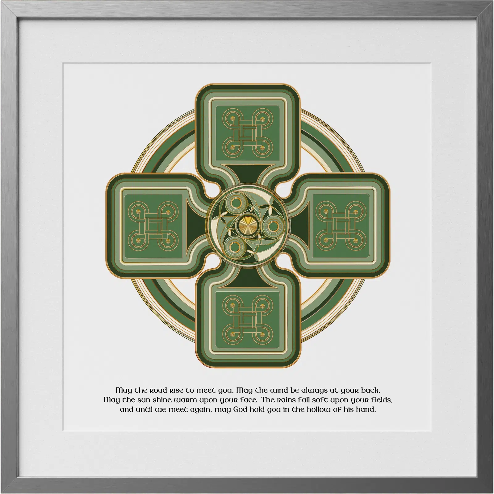 Personalized Celtic Cross Irish blessing print in a silver frame with green and gold Celtic artwork