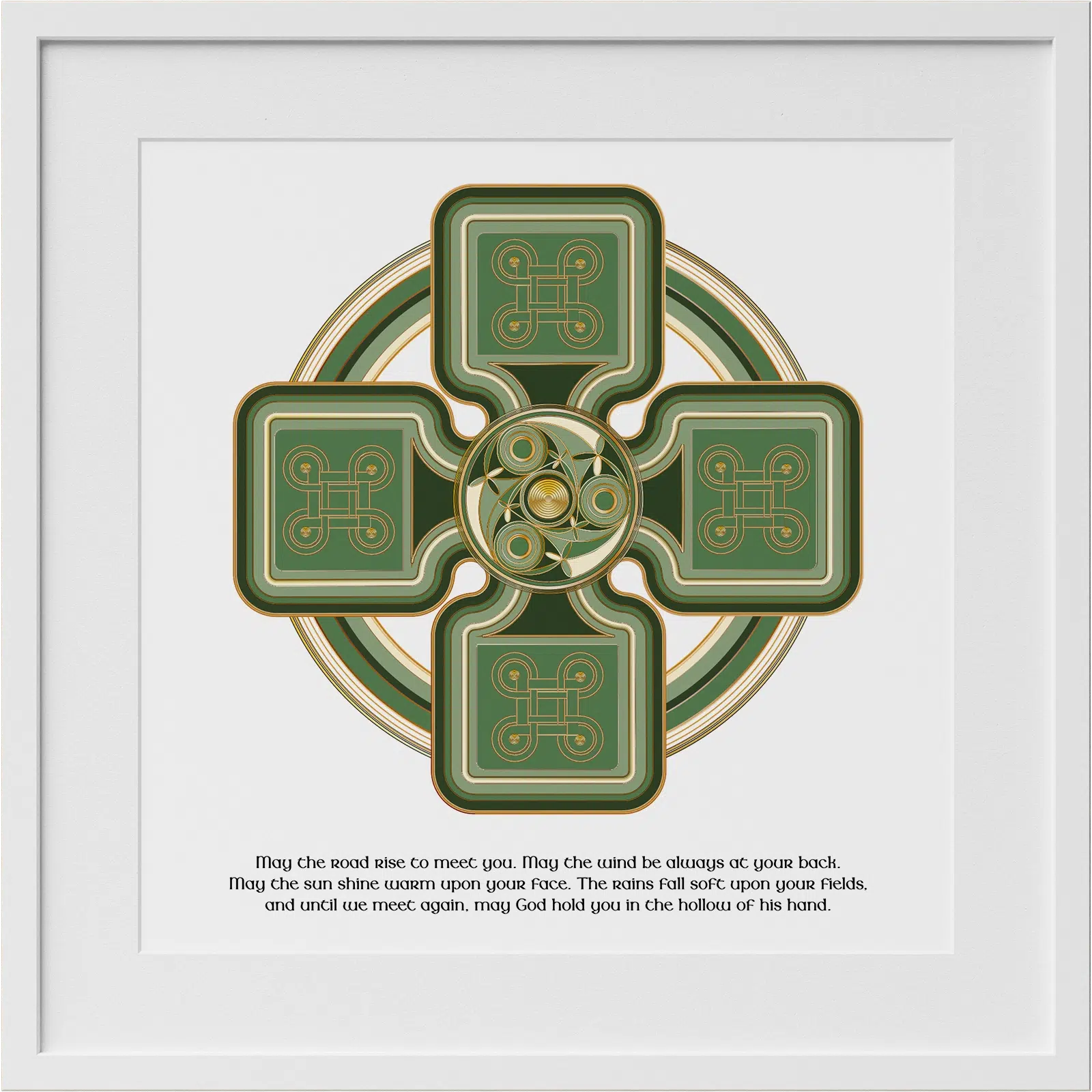 Personalized Celtic Cross Irish blessing print in a white frame with green and gold Celtic artwork