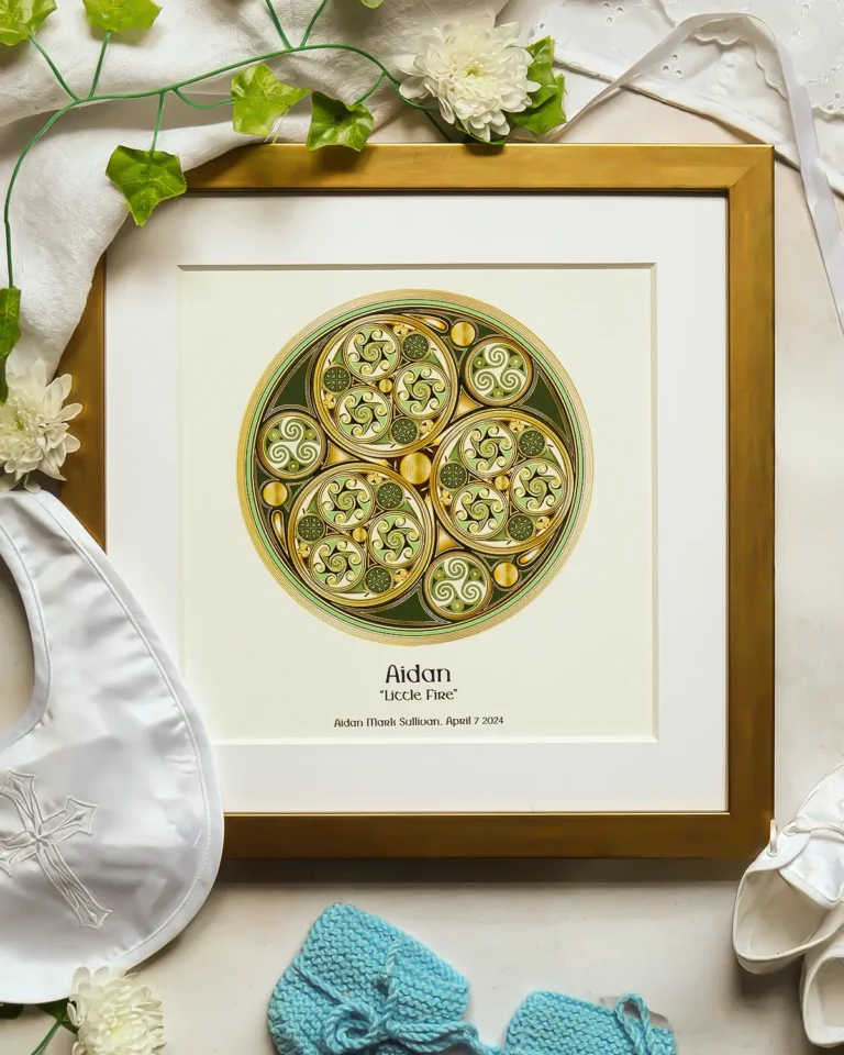 Personalised Celtic baby name print in gold frame with christening gown, baby shoes and knitted booties