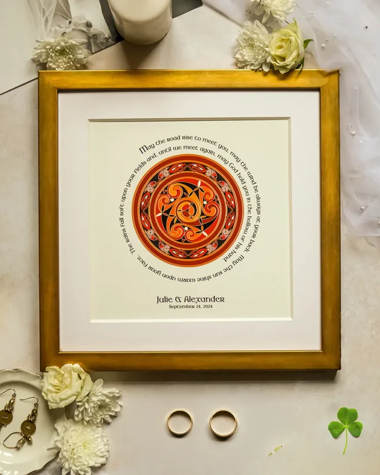 Framed Celtic wall art with May the Road Rise blessing in gold frame with wedding