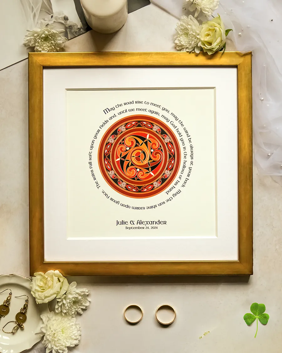 Framed Celtic wall art with May the Road Rise blessing in gold frame with wedding